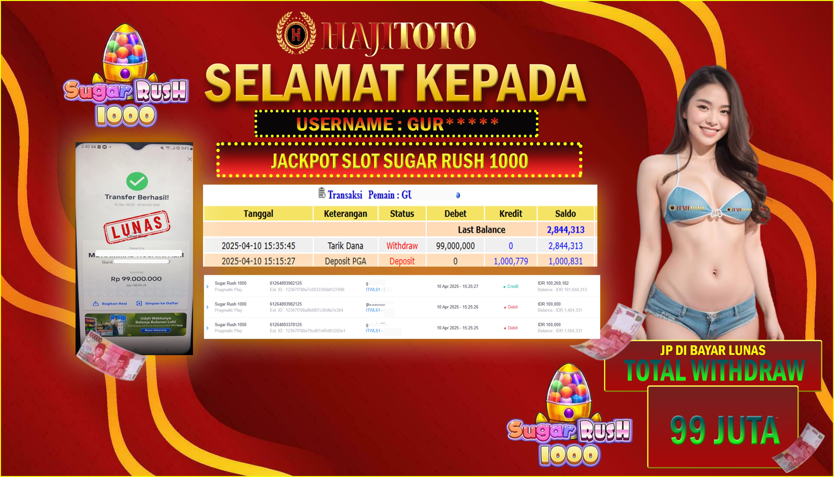 SELAMAT KEPADA PEMENANG MEMBER MERAIH JACKPOT DI GAME SLOT SUGAR RUSH 1000  TOTAL RP 99.000.000 DI BAYAR LUNAS